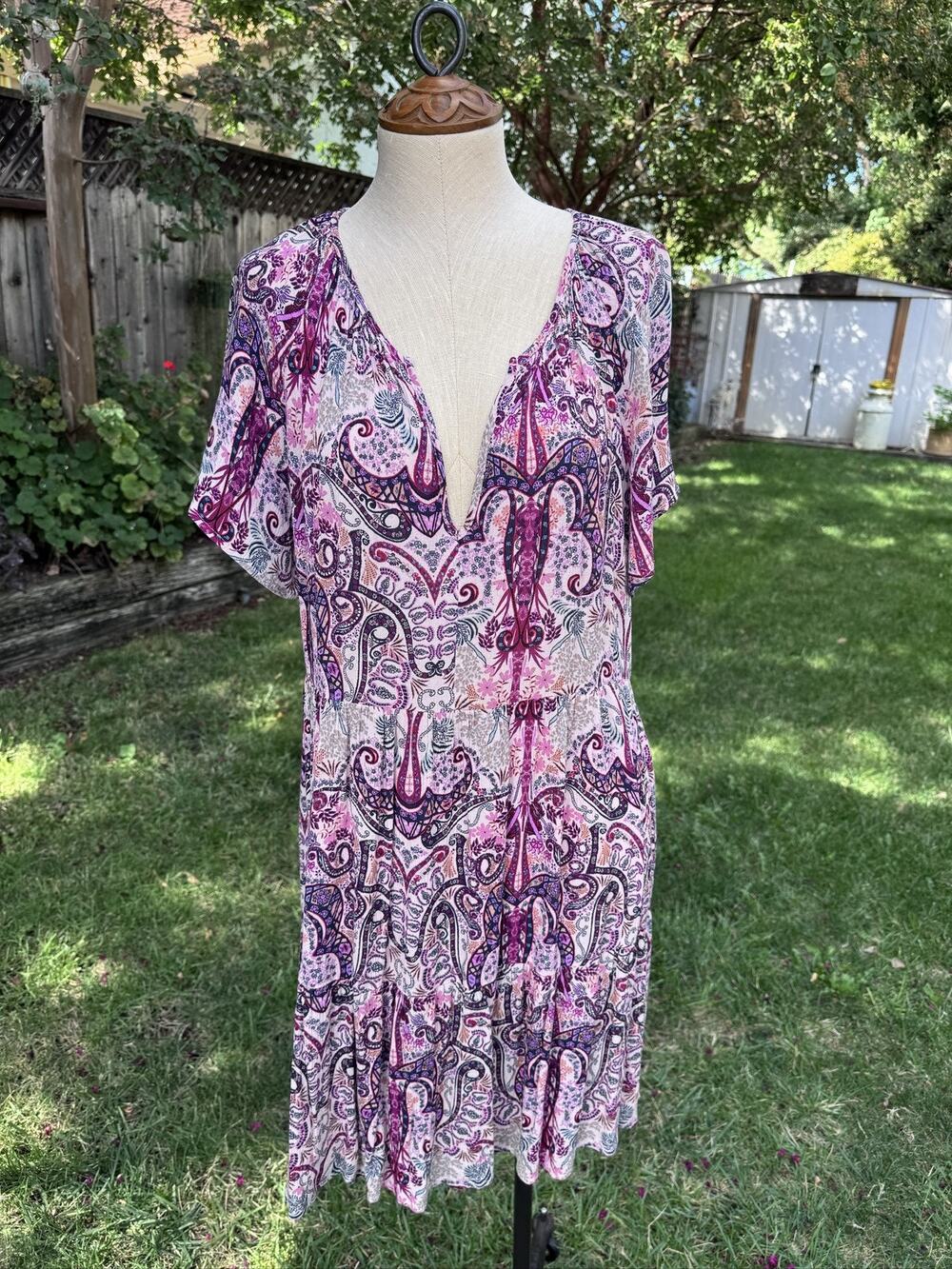 Knox Rose Women's M Shift Dress Paisley V-Neck Flutter Sleeve Bohemian Oversized